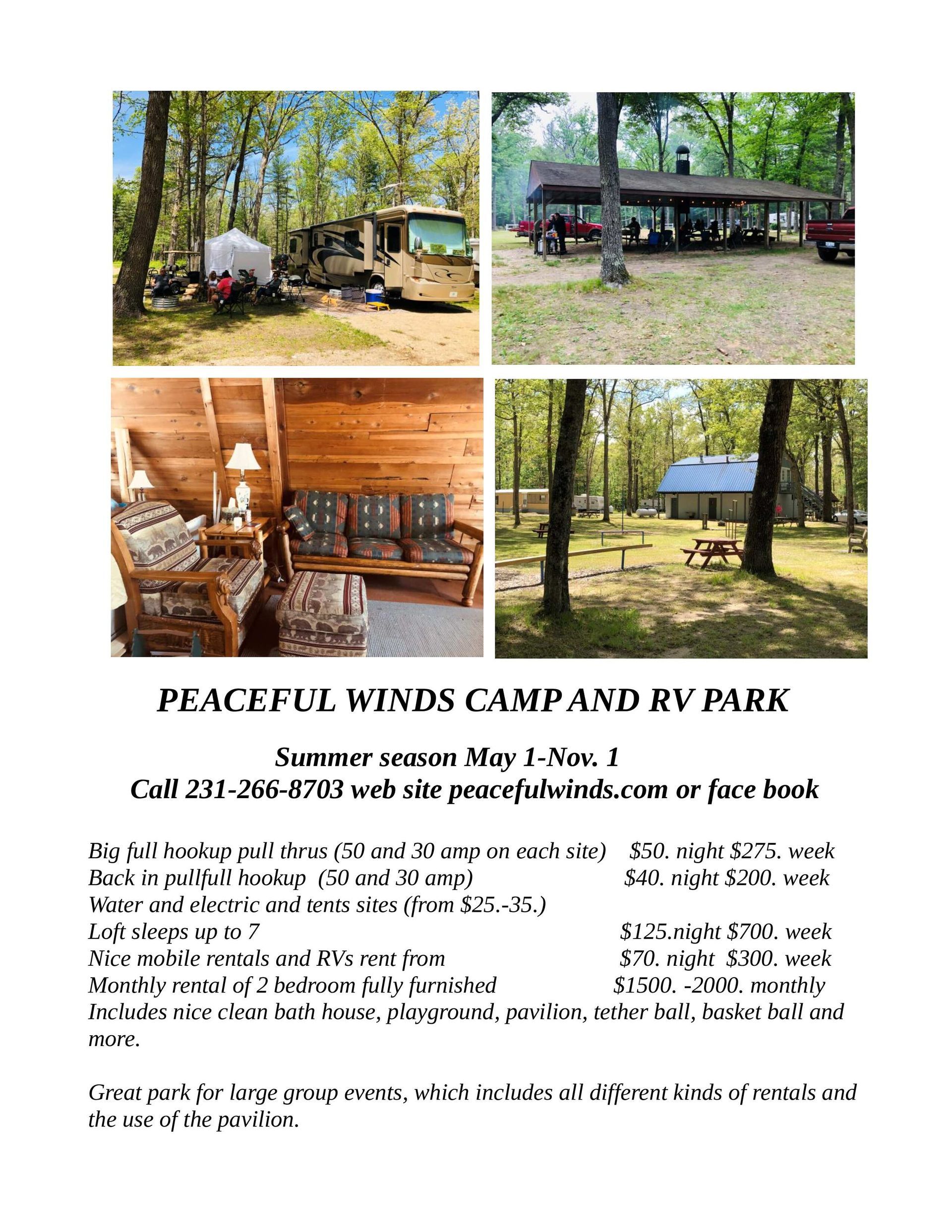 A brochure for peace of winds camp and rv park.