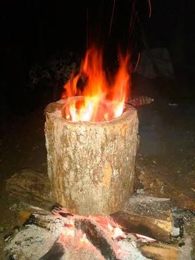 a log is being used as a fire pit in the dark .