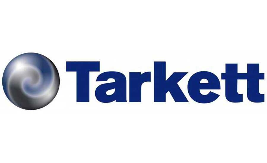 The tarkett logo is blue and has a swirl in the middle.