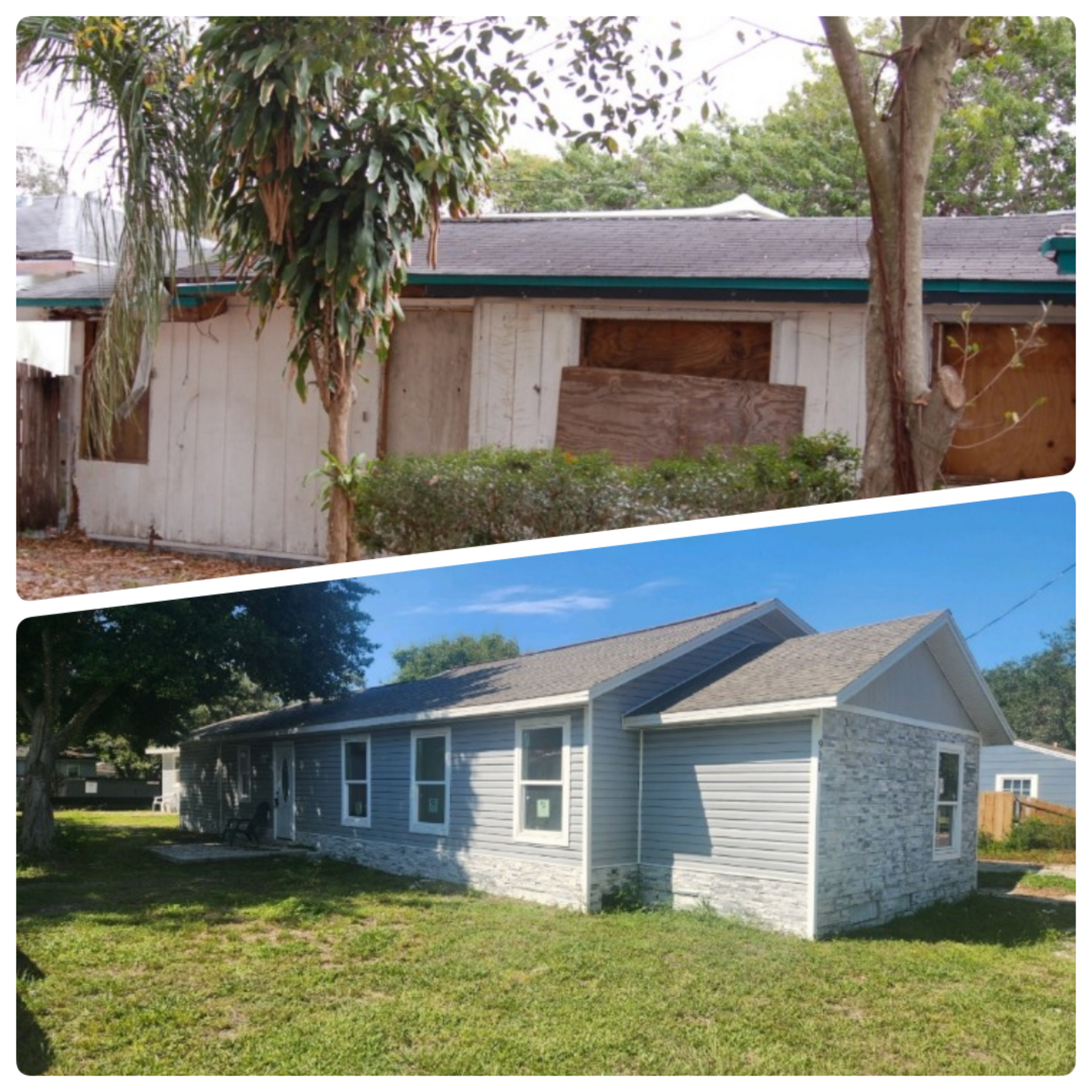 A before and after photo of a house