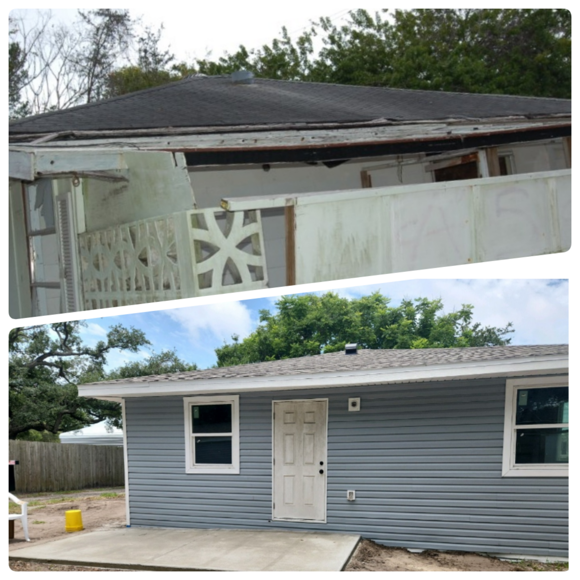 A before and after picture of a house being remodeled