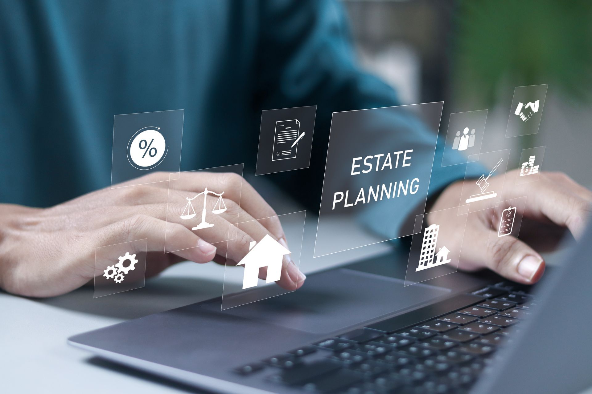Person typing on laptop with digital estate planning icons floating above.