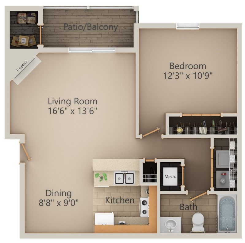 Floor plan of a one-bedroom apartment with a living room, kitchen, dining area, balcony, and bathroom.