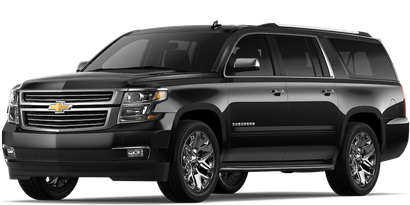 A black chevrolet suburban suv is parked on a white background.