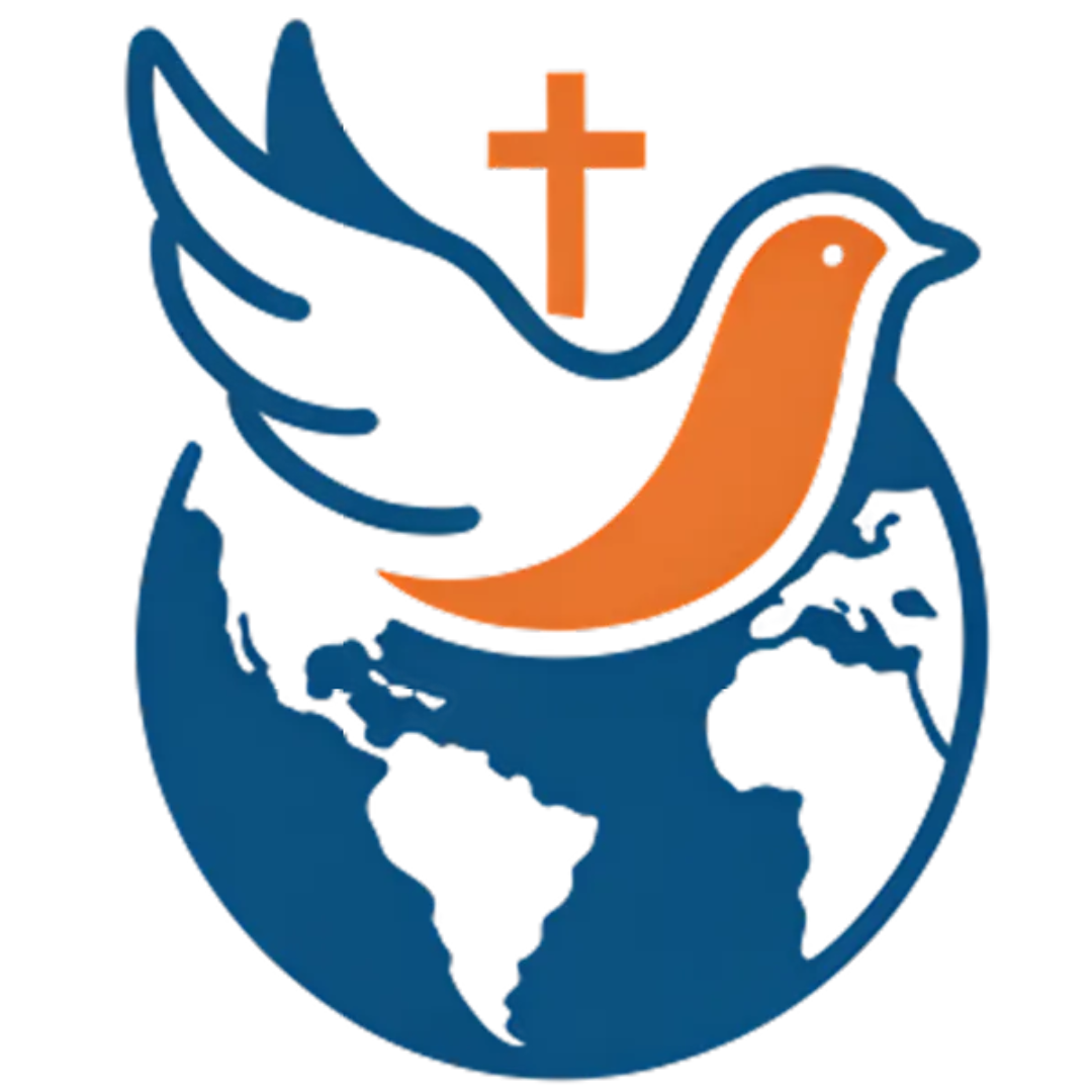 Dove with orange and blue elements, cross above, earth globe below.
