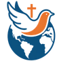 Dove with orange and blue elements, cross above, earth globe below.