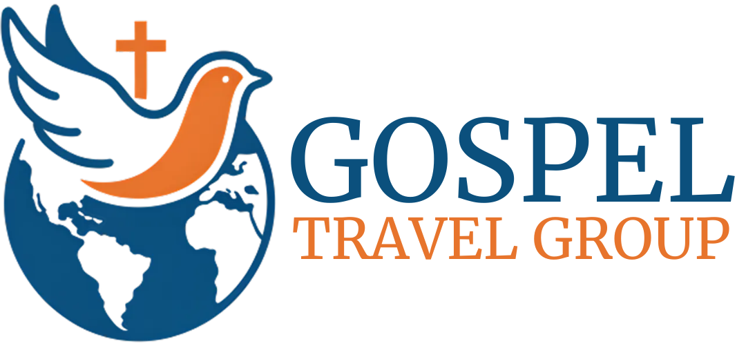 Logo with a dove, cross, and globe in blue, white, and orange, with the words 