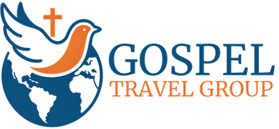 Logo with a dove, cross, and globe in blue, white, and orange, with the words 