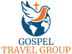 Logo: Dove over globe with cross, orange and blue, 