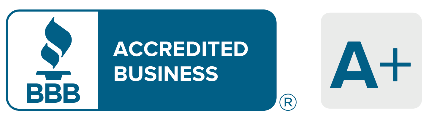 A blue and white sign that says accredited business a+