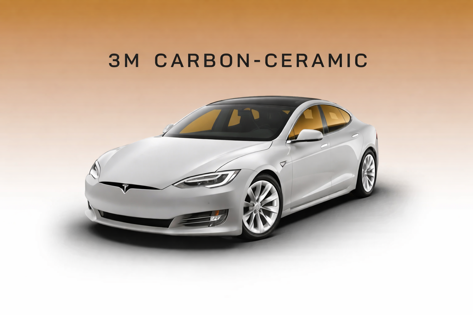 A white tesla model s is sitting on a brown background.