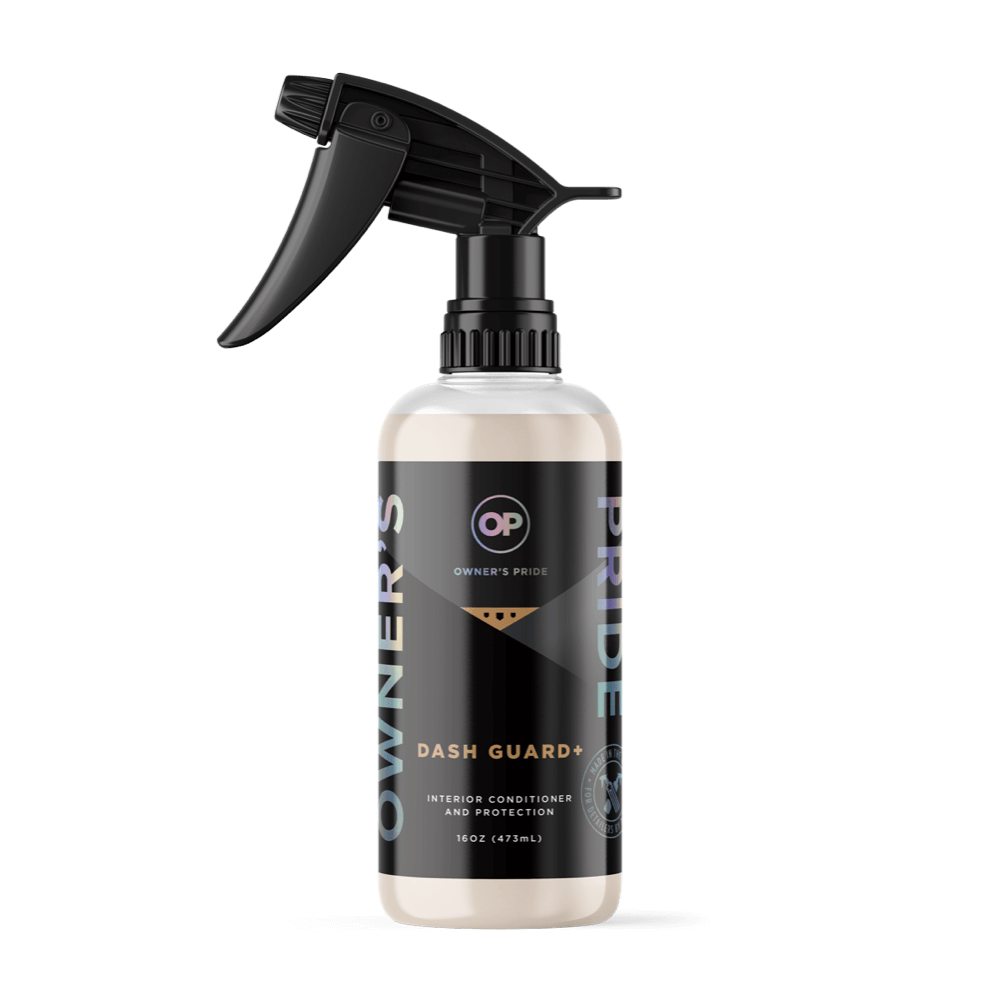 A bottle of owners pride dash guard spray on a white background