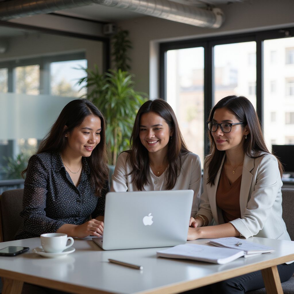 Three women smiling, looking at a laptop together in a brightly lit office.