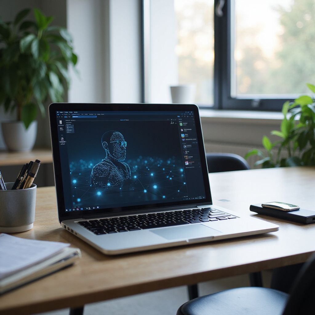 Laptop on a wooden table with a digital human illustration on screen, pens, notepad, and a phone nearby.