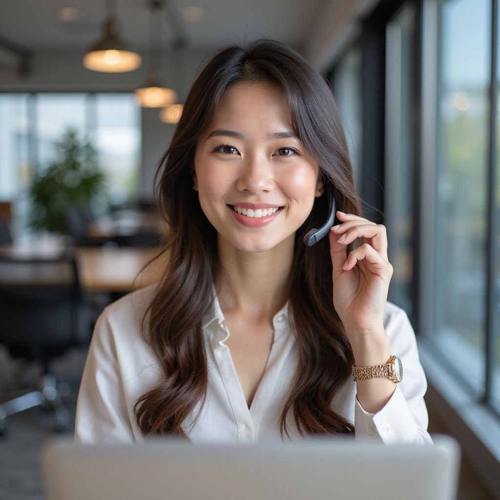 Woman with a headset smiles, working on a laptop in an office.