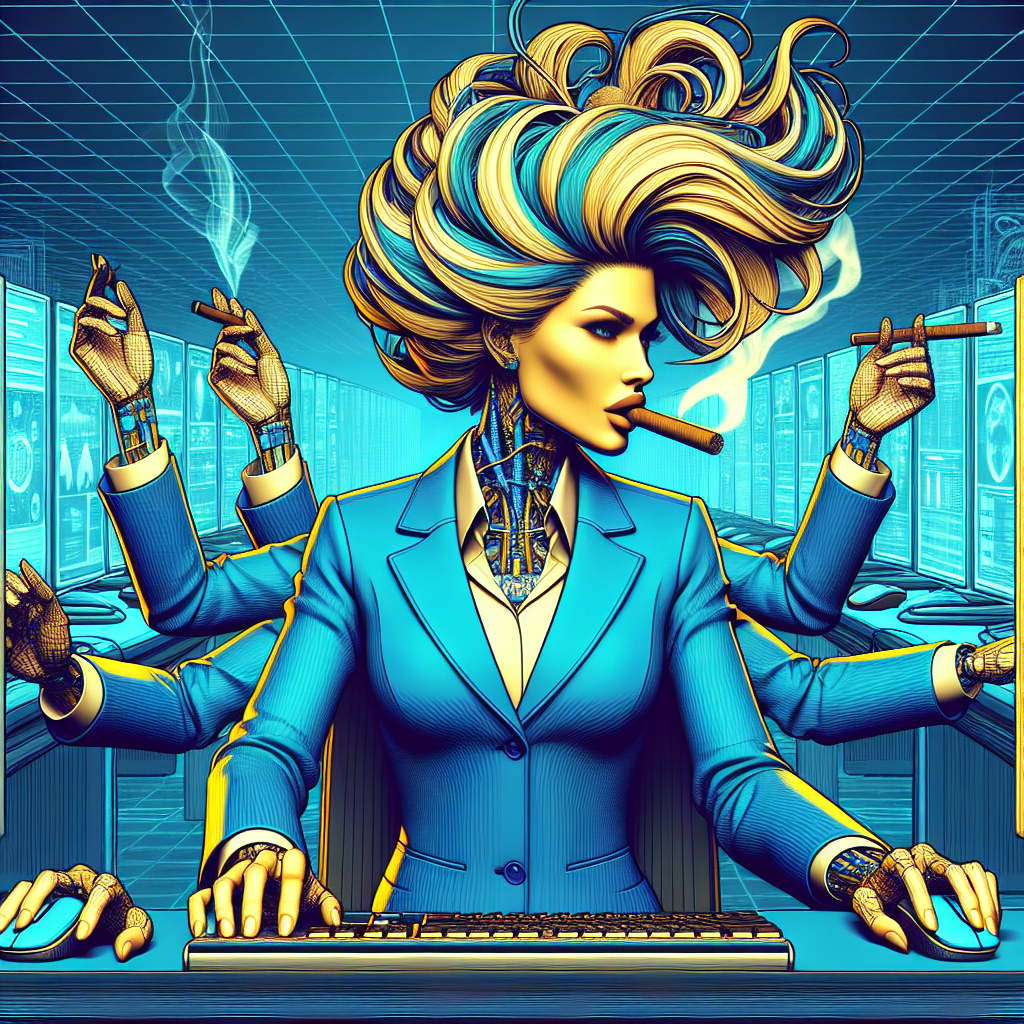 A multitasking cyborg in a blue suit with six arms smokes a cigar while typing at a keyboard in a server room.