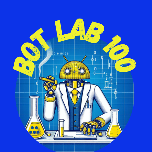 Robot scientist in lab coat smoking cigar, with flasks, blueprints, and 