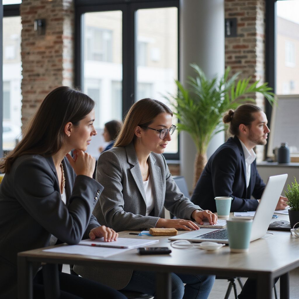 Three coworkers in suits collaborate at a desk with a laptop, papers, and coffee cups in an office.