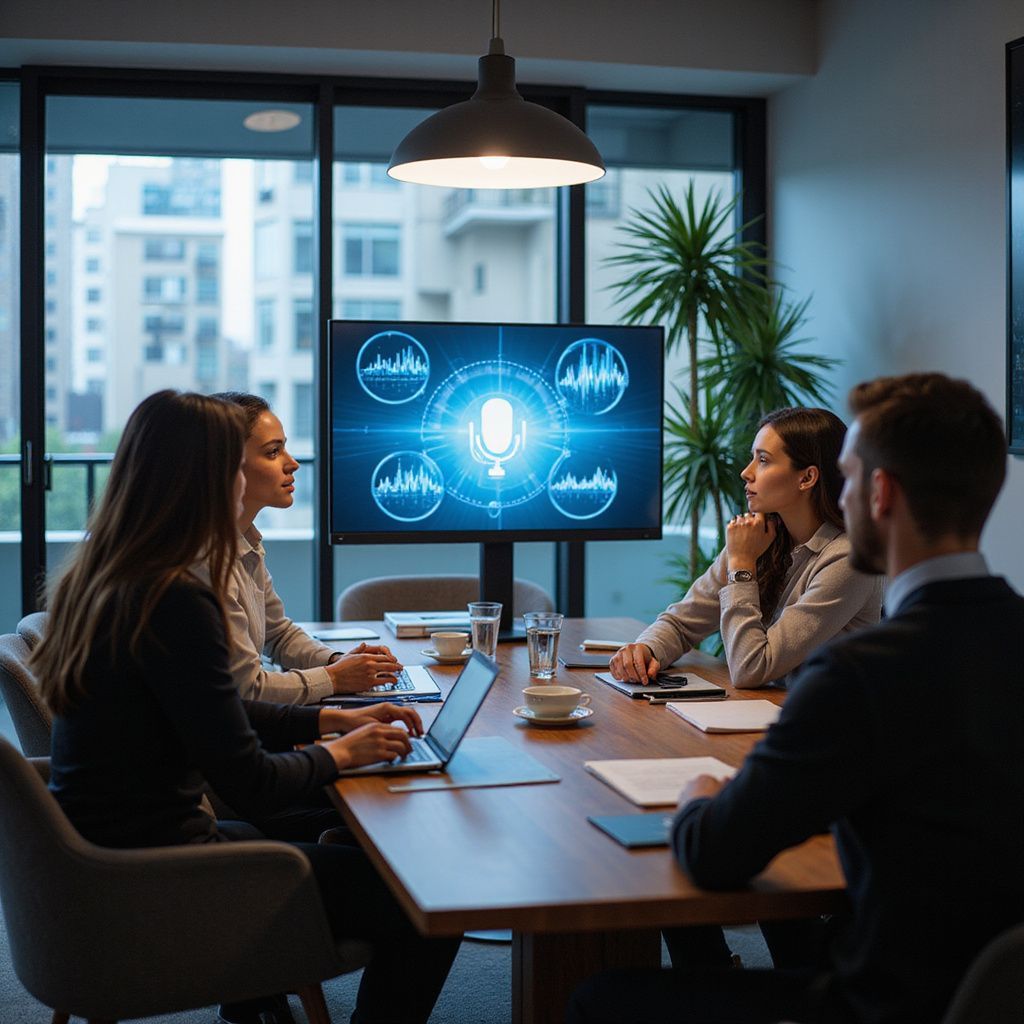 Four people in a modern office meeting. One woman operates a laptop; a screen displays audio waves.