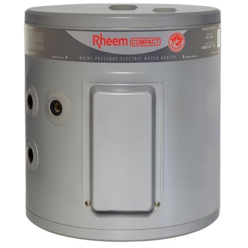 a rheem compact water heater is sitting on a white surface
