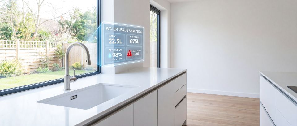 modern kitchen featuring a digital data overlay showing average household water usage