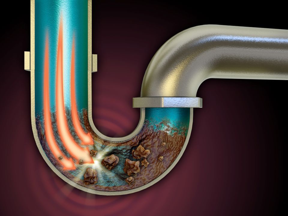 Diagram of a corroded pipe with a blockage, showing water flow and buildup.