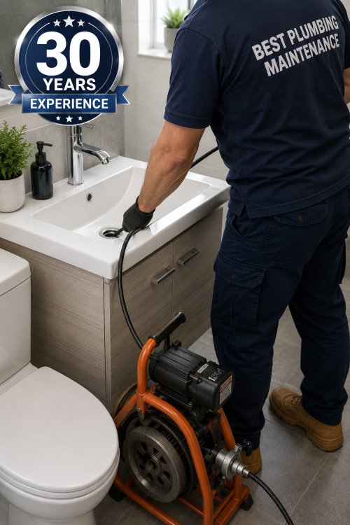 Plumber cleaning a bathroom sink drain with a drain machine under the sink