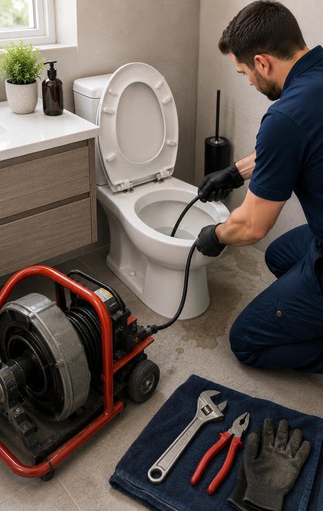 Plumber clearing a toilet drain with a drain snake in a bathroom, with a drain machine on the floor.