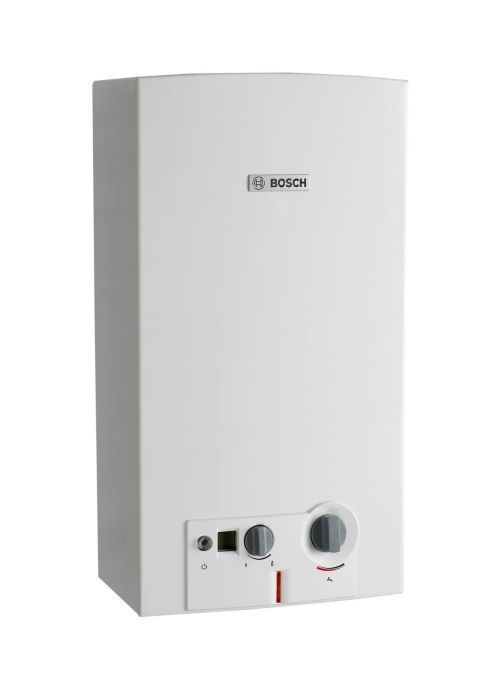 three bosch water heaters are lined up next to each other on a white background .