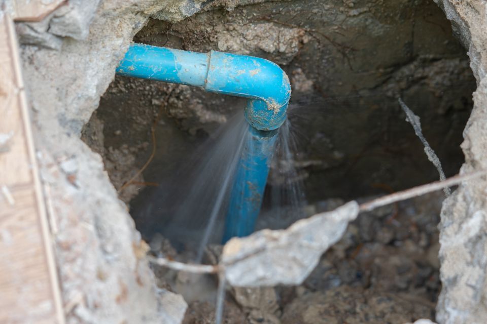 Leaking blue PVC pipe in a hole in the ground, water spraying out.