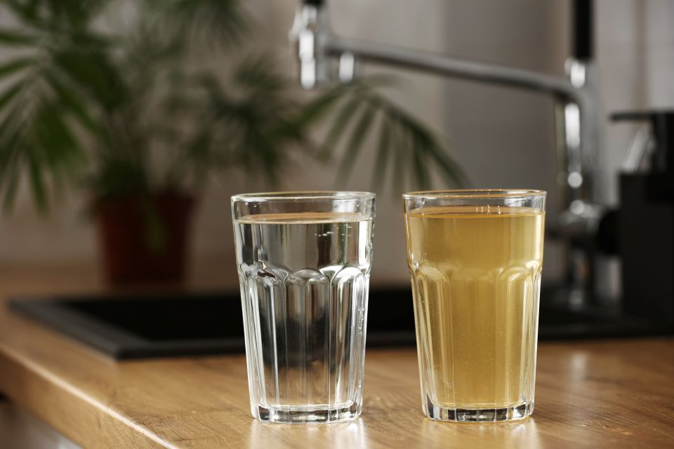 Two glasses of water; one clear, one yellow discoloured water, on a counter by a kitchen sink.