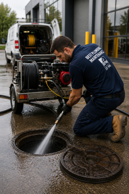 commercial plumber pressure-washes a sewer drain beside a plumbing van and hose reel outdoors.