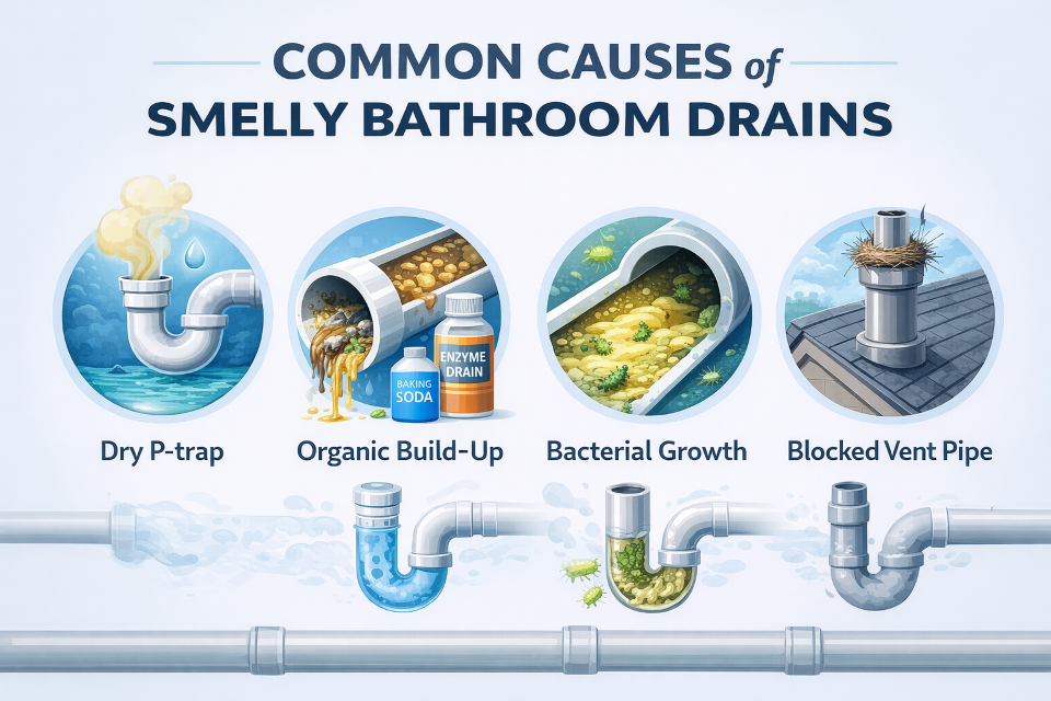 An infographic showing four causes of smelly bathroom drains: dry P-trap, organic build-up, bacterial growth, and blockages.