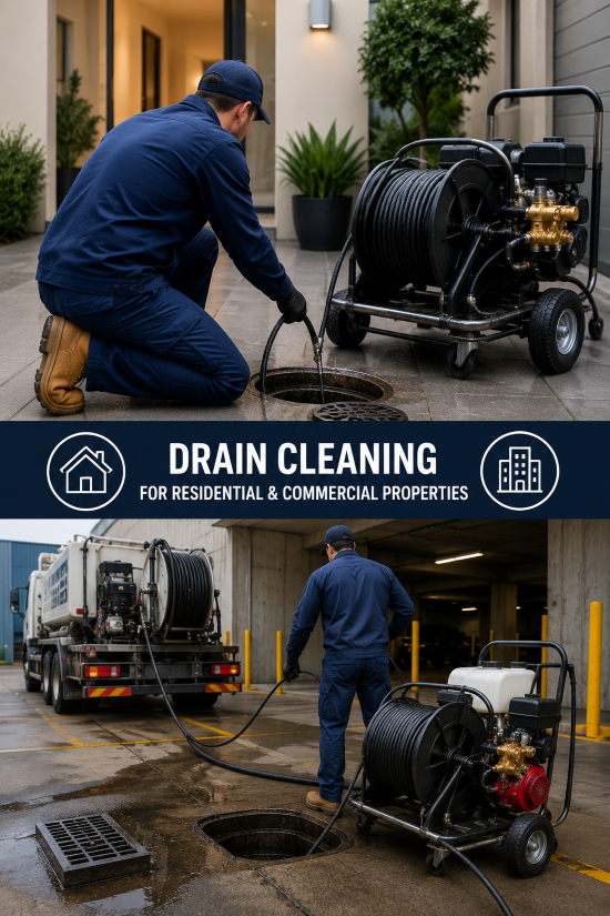 Drain cleaning service plumber operating a sewer jetter beside an open manhole in a city street
