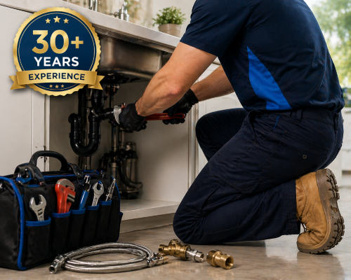 Plumber kneeling under a sink, repairing pipes with tools beside him and a 30+ years experience badge.