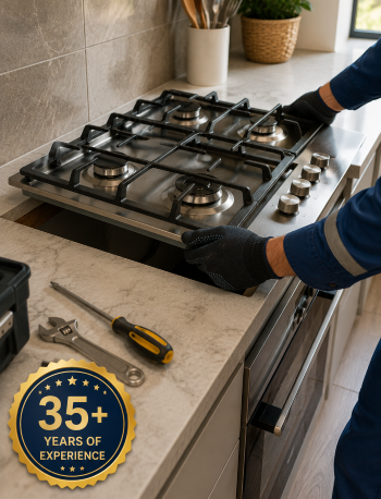 Technician installing a stainless steel gas cooktop on a kitchen counter Adelaide