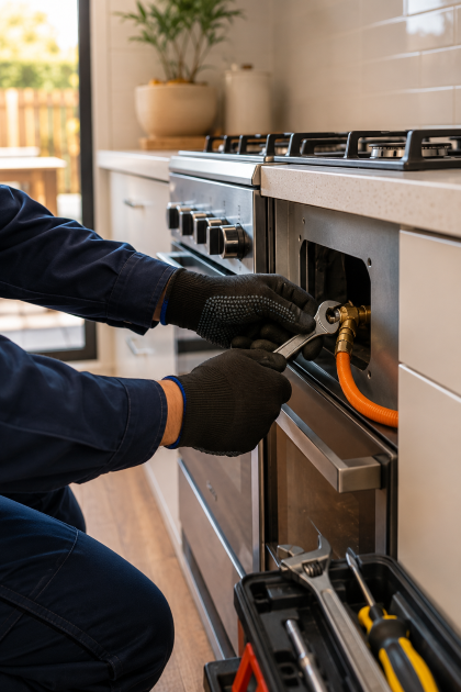gas fitter adelaide using a wrench to repair a gas stove in a kitchen, with the oven door open and tools nearby