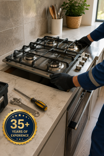 Adelaide gas fitter installing a stainless steel gas cooktop on a kitchen counter next to tools