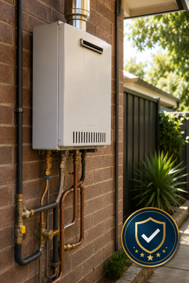 Wall-mounted gas water heater with exposed copper pipes on a brick house exterior