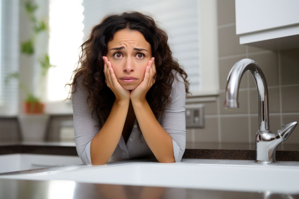 Woman with worried expression leans on kitchen sink. Gurgling sound sink and toilet.