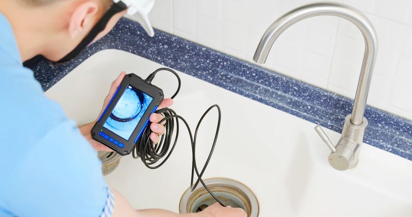 Plumber uses a camera to inspect a kitchen sink drain, wearing a hard hat, indoors.