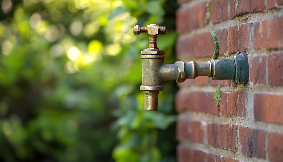 Bronze outdoor water tap on a red brick wall old Adelaide home and green foliage in the blurry background.