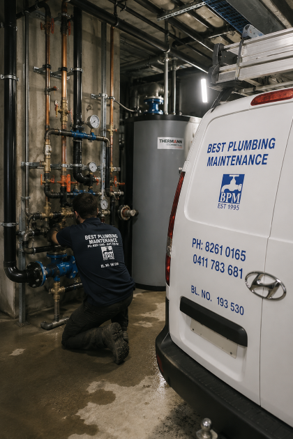 Commercial plumber adelaide kneels by pipes in an industrial room beside a white service van marked “Best Plumbing Maintenance.”
