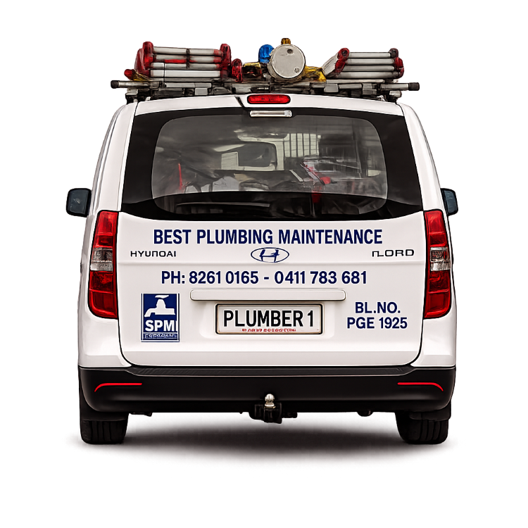 White plumber’s van with roof ladders and “Best Plumbing Maintenance” signage, rear view on a plain background