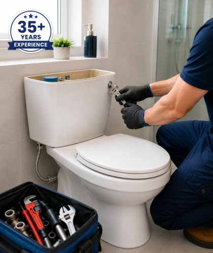 toilet repairs in Adelaide - Plumber fixing a toilet tank in a bathroom, with tools nearby.