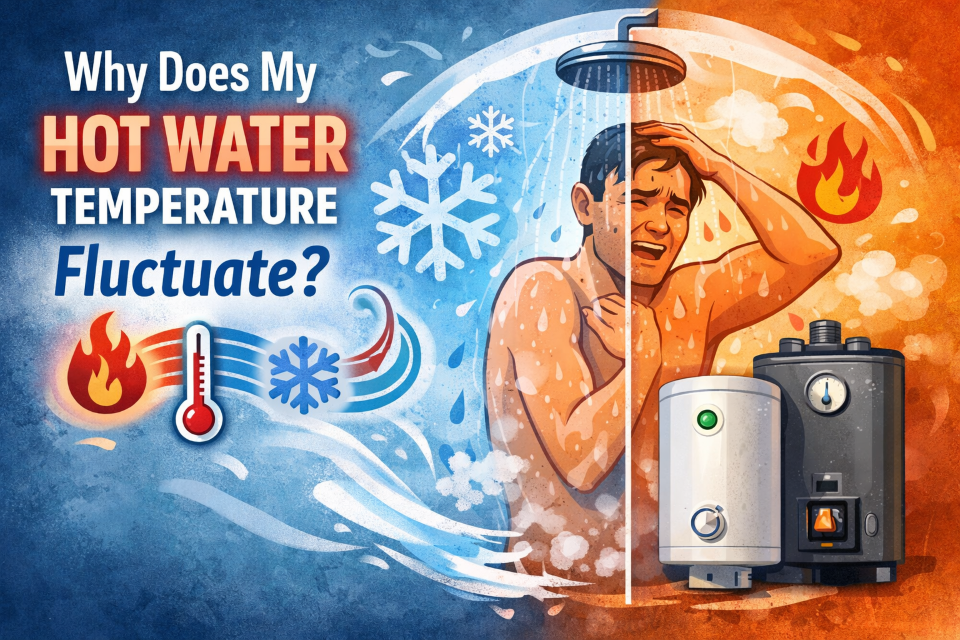 A person under a shower looking shocked. One half of the scene is icy blue, the other is fiery orange with water heaters text read Why Does My Hot Water Temperture Fluctuate?