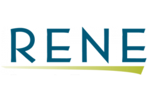 A blue and green rene logo on a white background