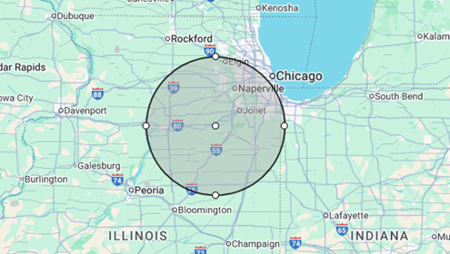 Map of Illinois with a circular area highlighted around Chicago and surrounding cities.