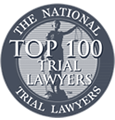 Logo: The National Top 100 Trial Lawyers; Lady Justice statue in grey circle.
