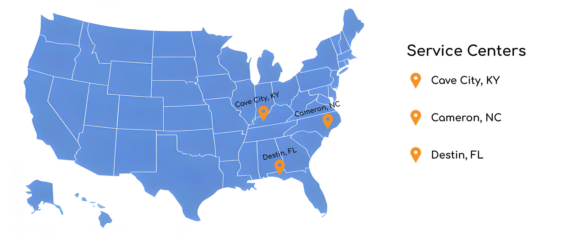 Map of the US showing service centers in Cova City, KY; Conover, NC; and Destin, FL.